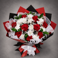 Red Rose & White Chrysanthemum Organza Bouquet