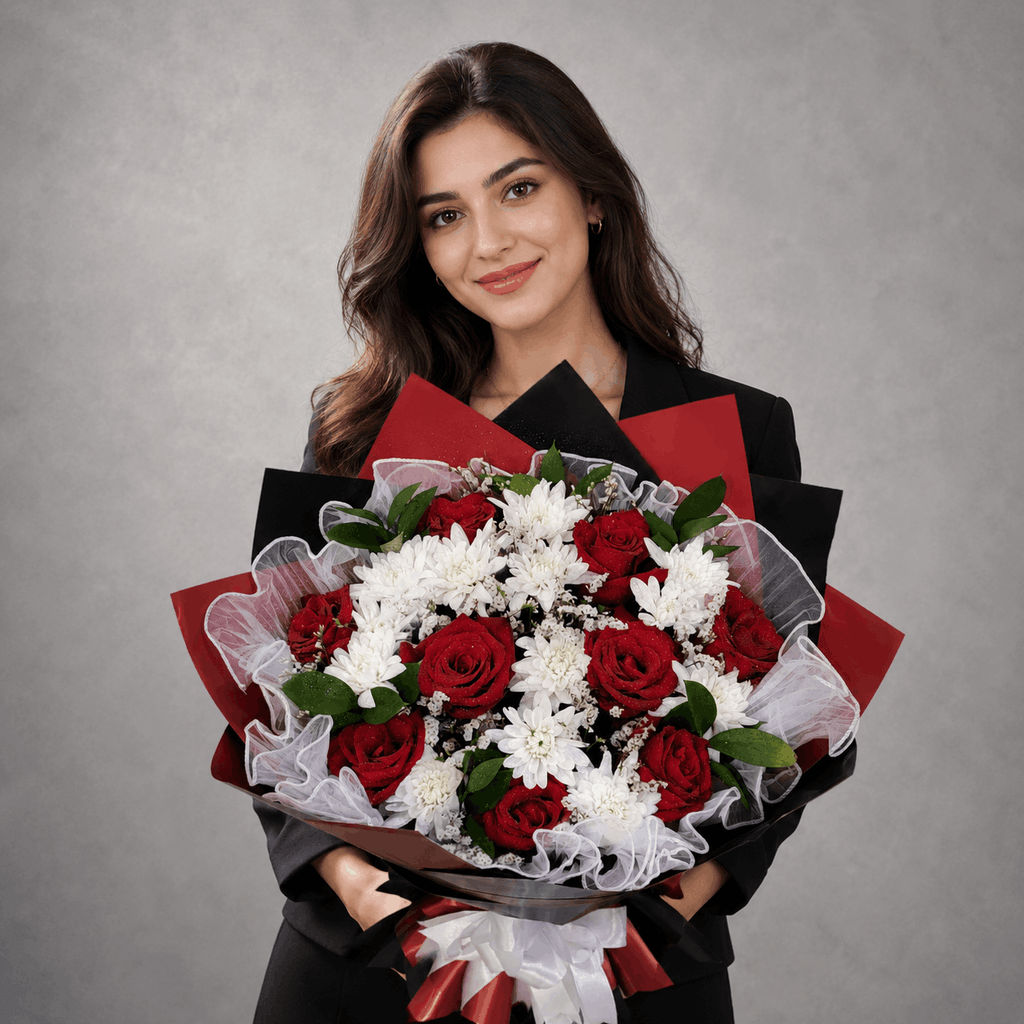 Red Rose & White Chrysanthemum Organza Bouquet