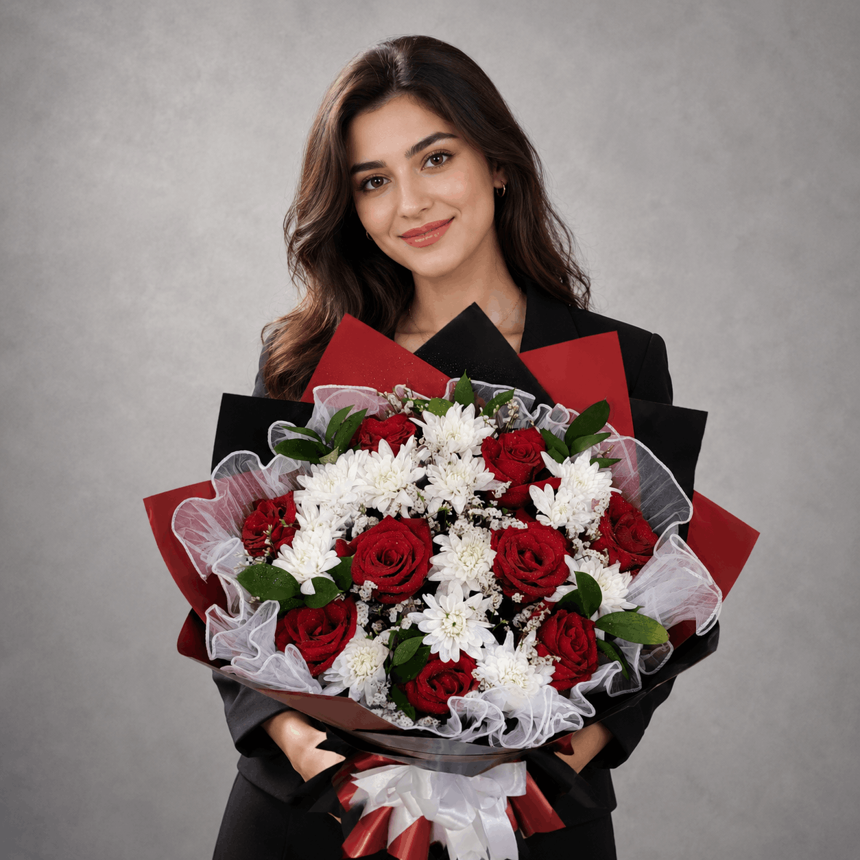 Red Rose & White Chrysanthemum Organza Bouquet