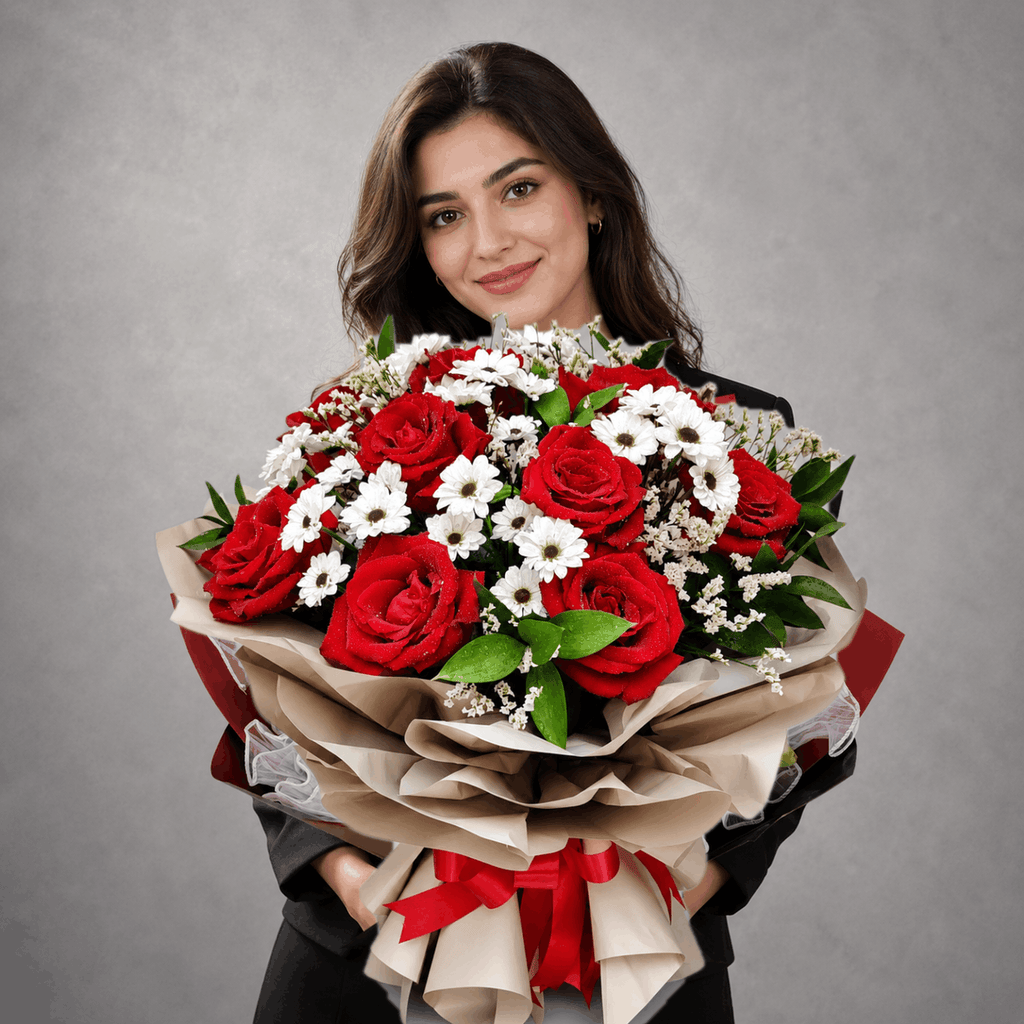 Red Rose & White Daisy Kraft Bouquet