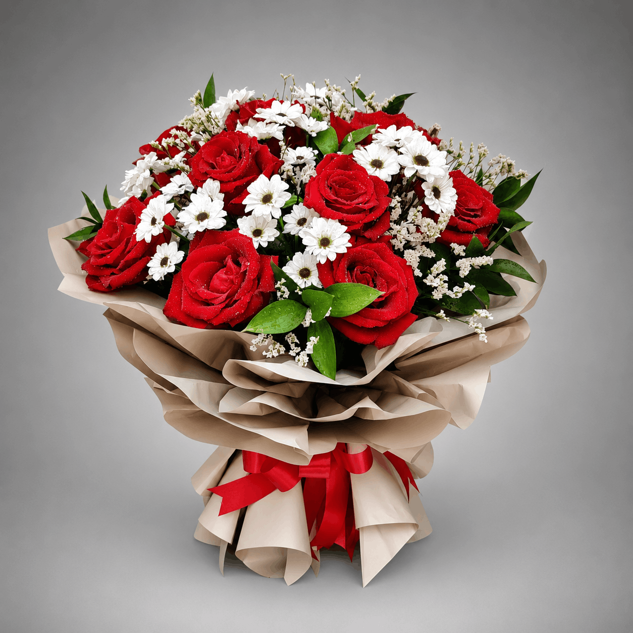 Red Rose & White Daisy Kraft Bouquet