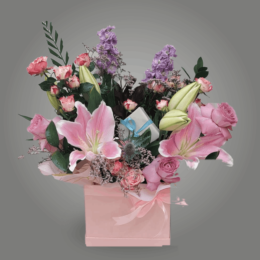 Pink Lily & Lavender Stock Blush Box with Gift