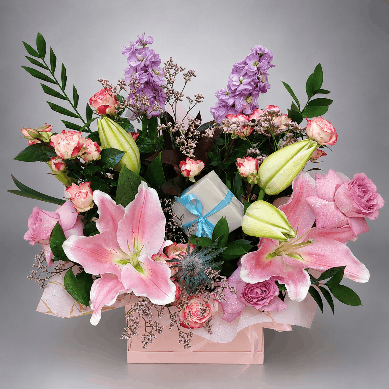 Pink Lily & Lavender Stock Blush Box with Gift