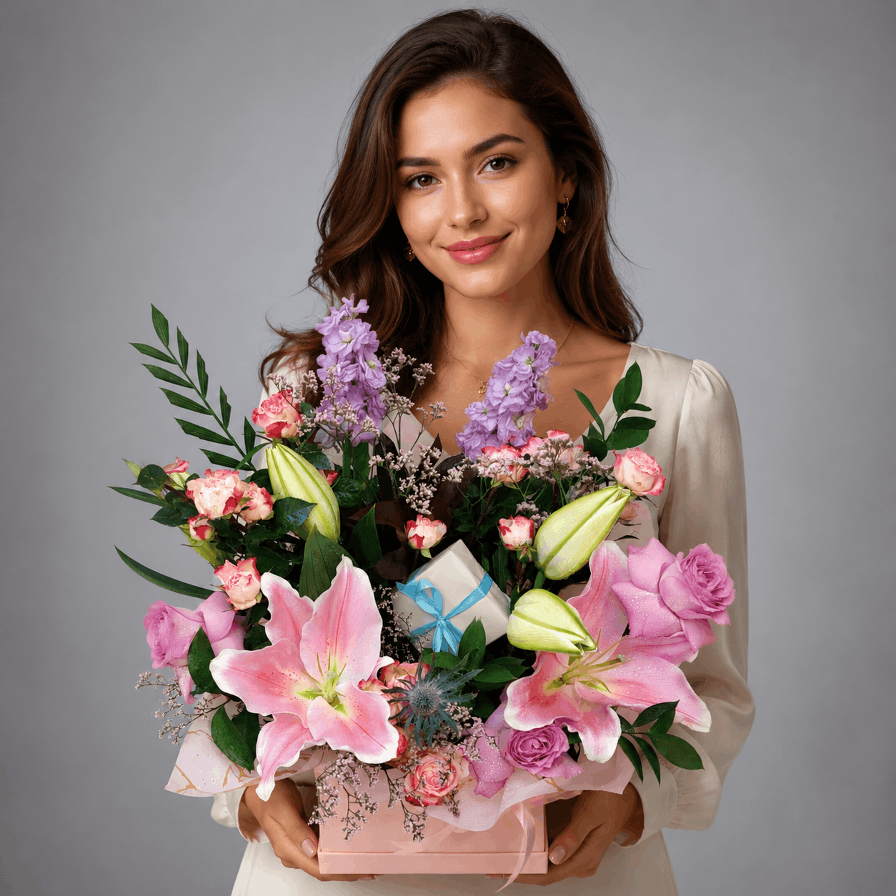 Pink Lily & Lavender Stock Blush Box with Gift
