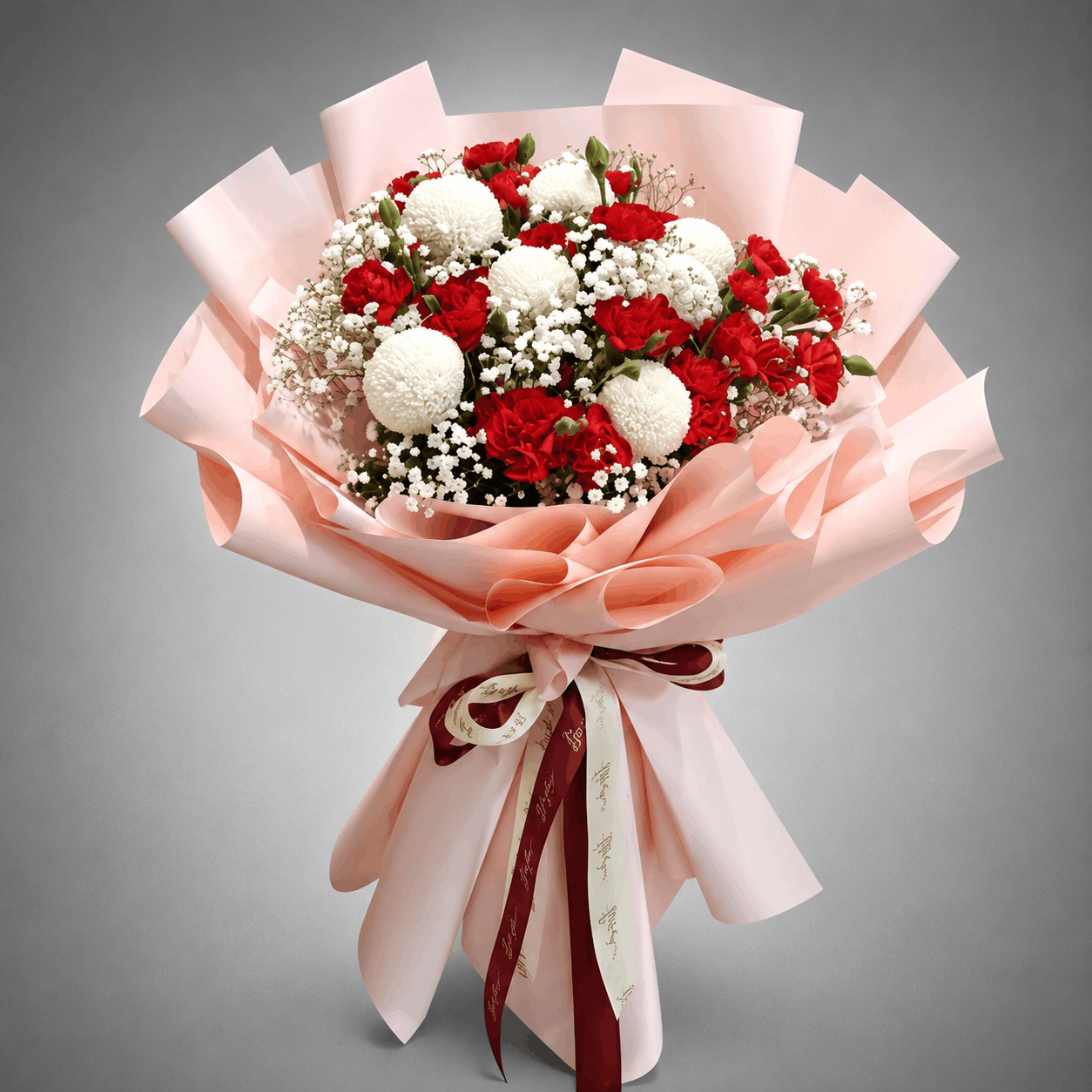 Red Carnation & White Pompom Bouquet