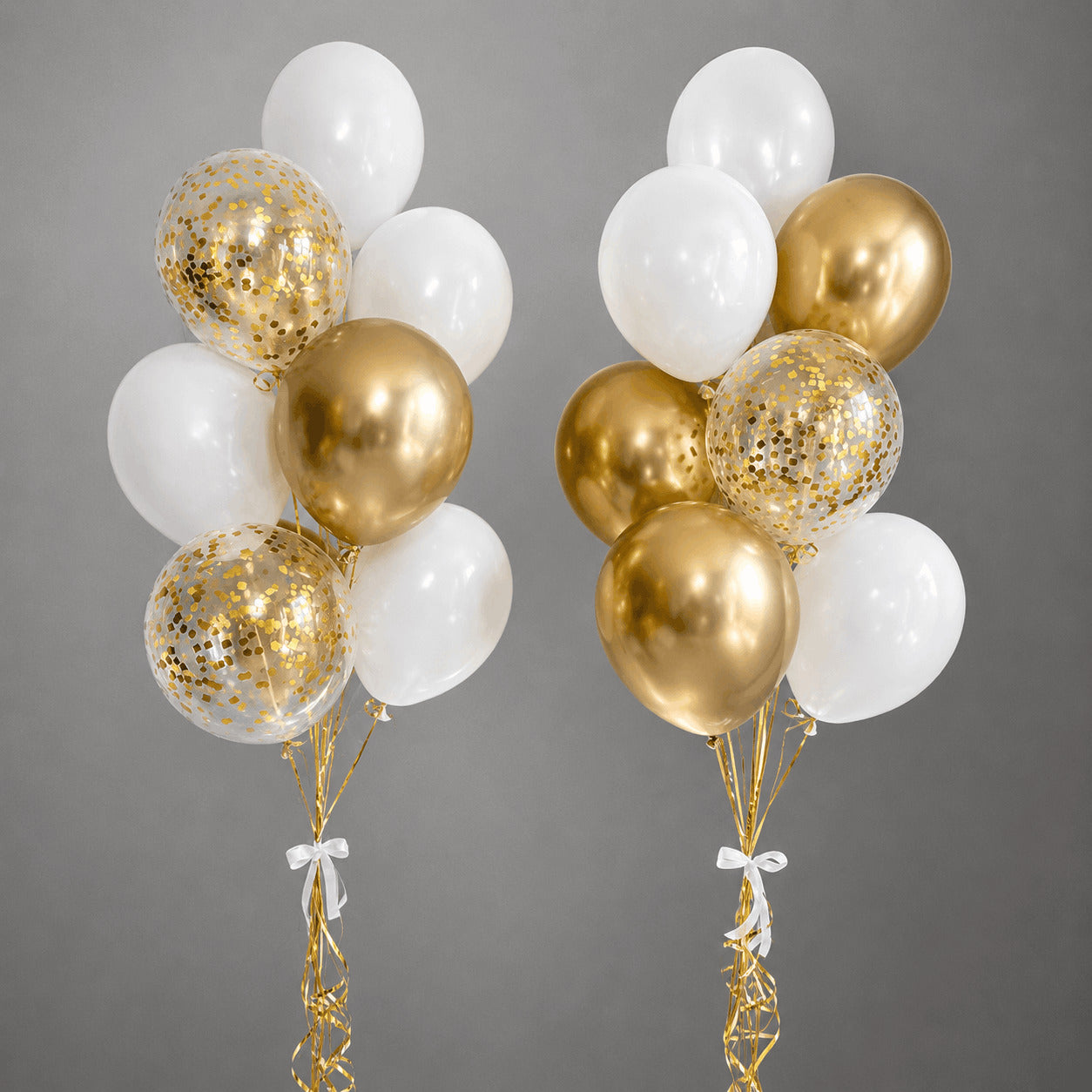 Gold Chrome, White & Confetti Balloon Bouquet Duo