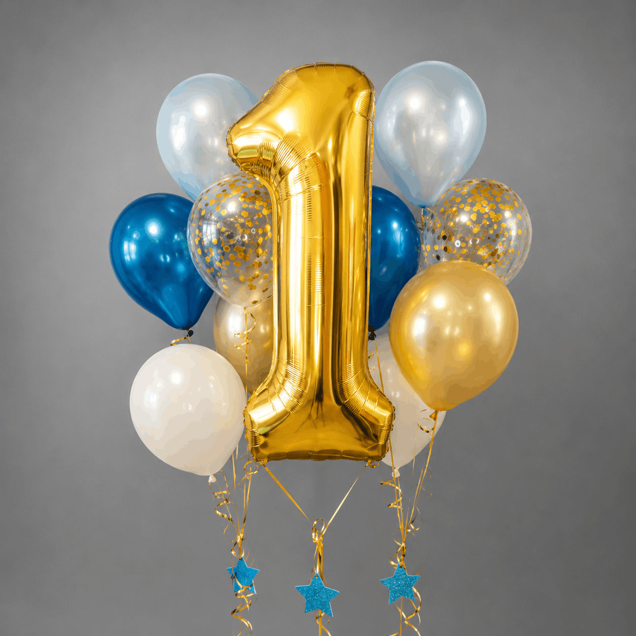Gold Number 1 Balloon Bouquet – Blue, Gold & White