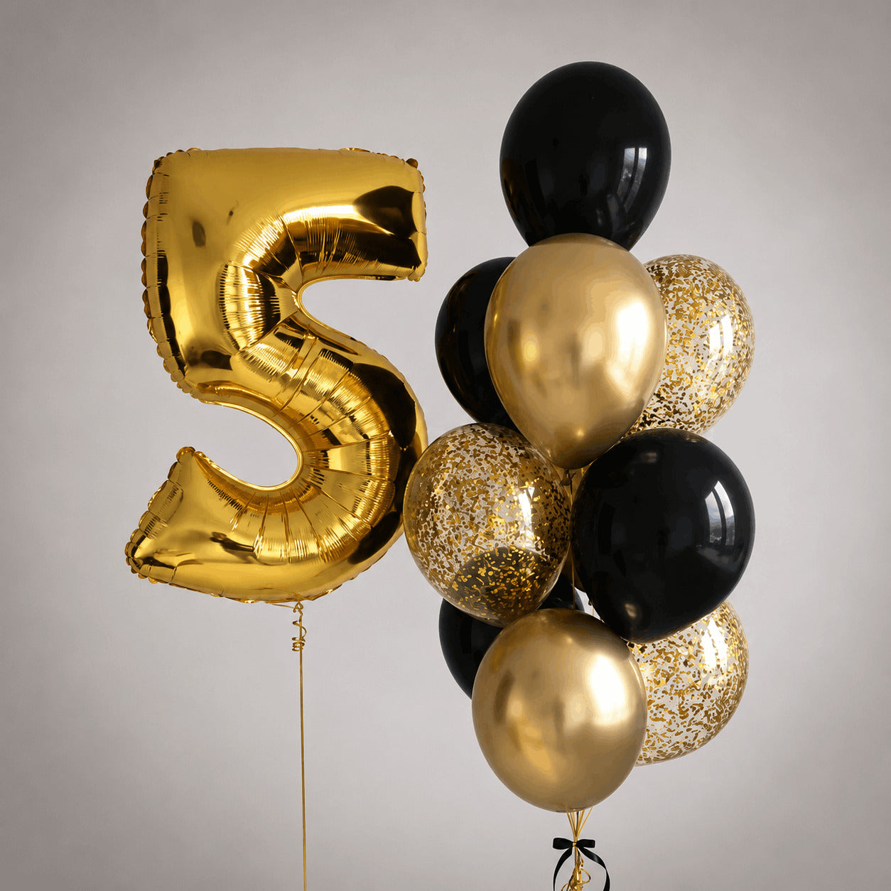 Gold Number 5 Balloon with Black & Gold Confetti Bouquet