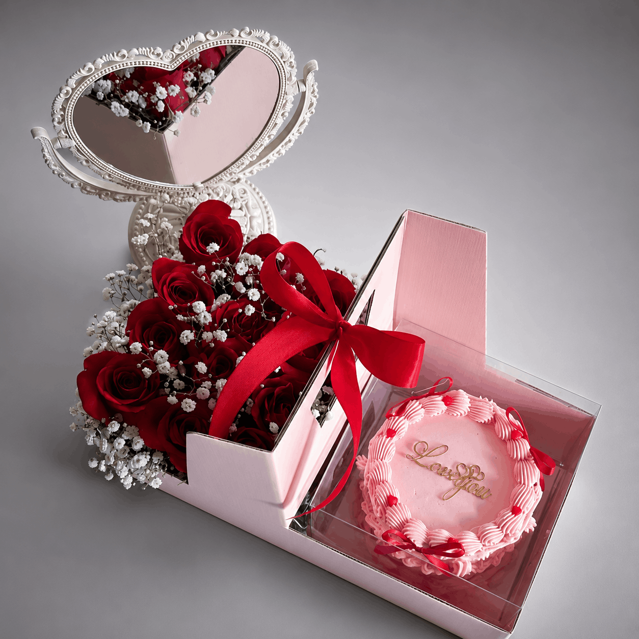 Red Roses Heart Mirror Box with 'Love You' Pink Cake Gift Set