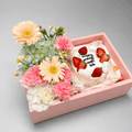 Peach Gerbera, Pink Carnation & Hydrangea with Strawberry Birthday Cake Gift Box