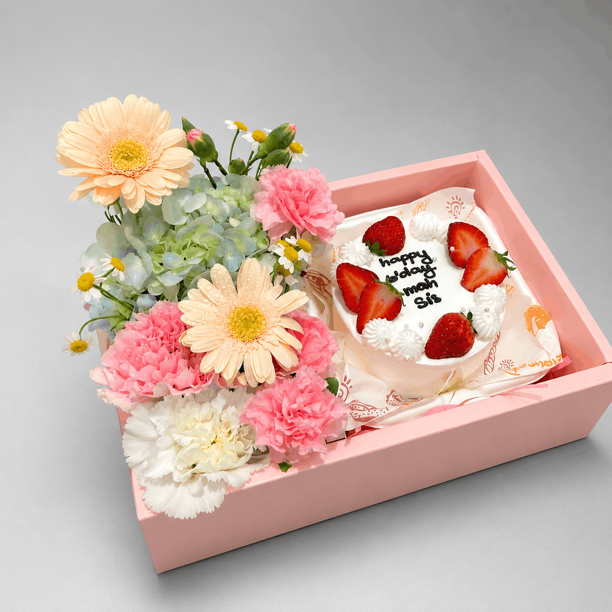 Peach Gerbera, Pink Carnation & Hydrangea with Strawberry Birthday Cake Gift Box
