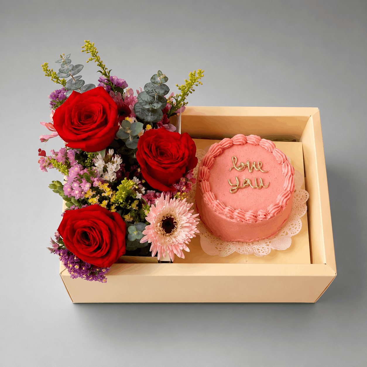 Red Roses & Mixed Wildflowers with 'Love You' Pink Cake Gift Tray