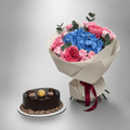 Pink Peony, Blue Hydrangea & Eucalyptus Bouquet with Ferrero Rocher Chocolate Cake