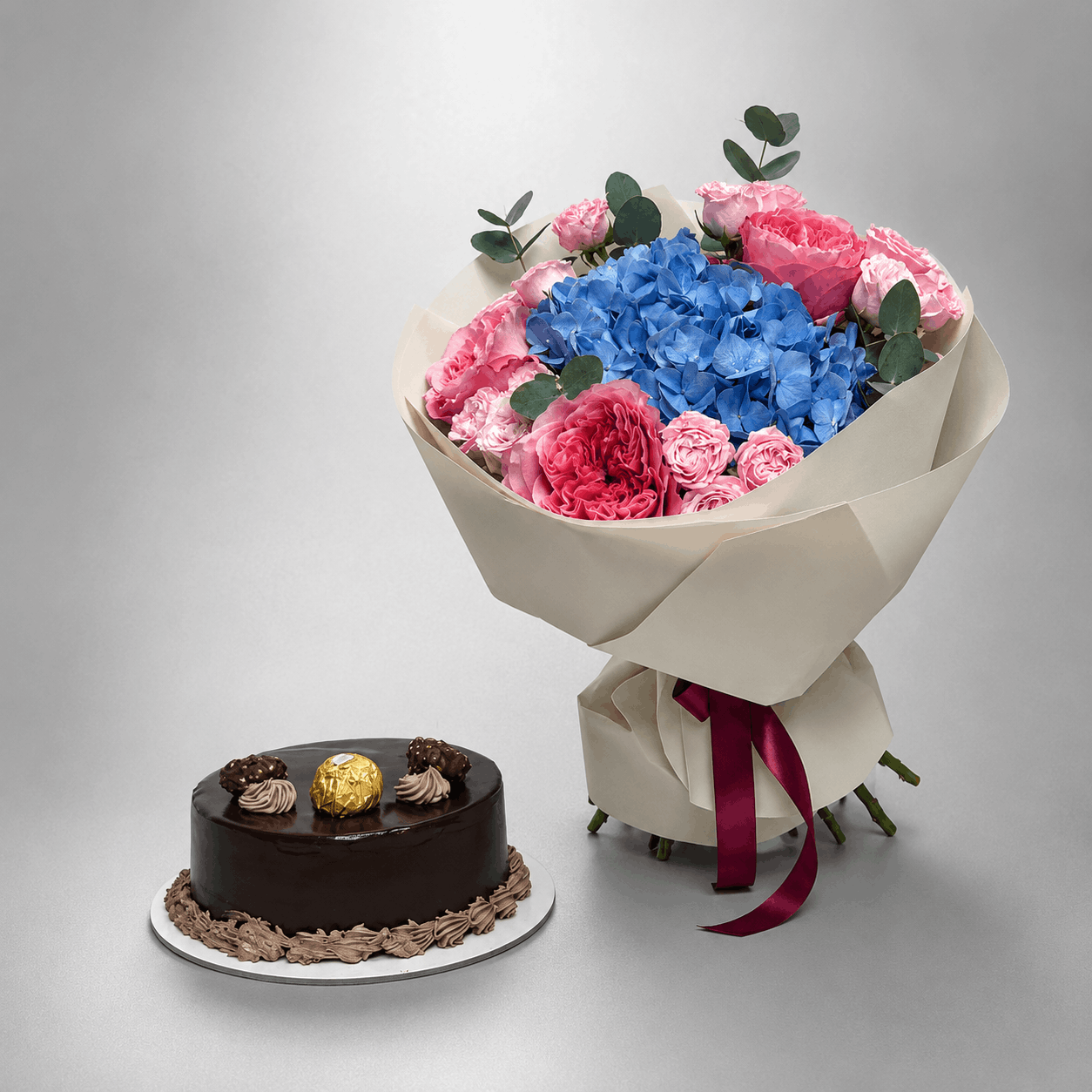 Pink Peony, Blue Hydrangea & Eucalyptus Bouquet with Ferrero Rocher Chocolate Cake