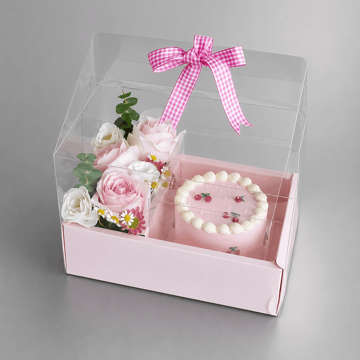 Pink Roses & Daisies with Cherry Bento Cake Clear Gift Box
