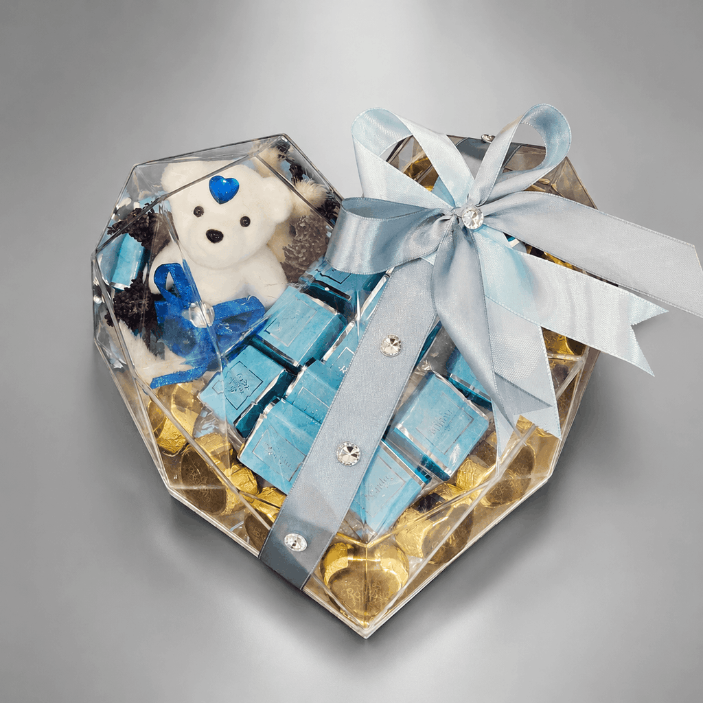 Baby Boy Blue Chocolate & Plush Puppy Acrylic Heart Box
