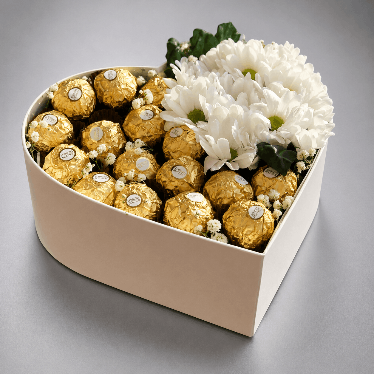 Ferrero Rocher & White Chrysanthemum Heart Box