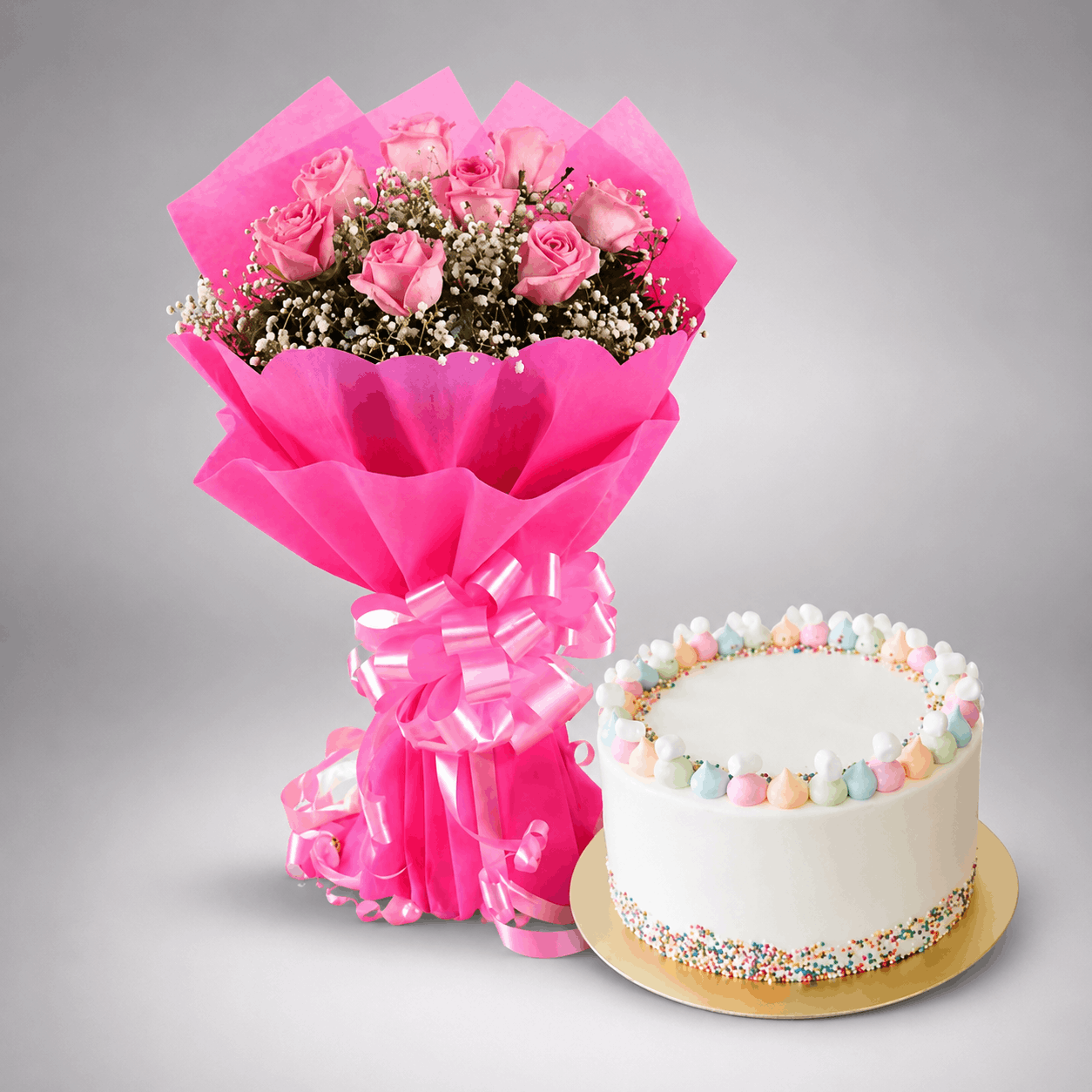 Pink Roses Bouquet with Rainbow Sprinkle Celebration Cake