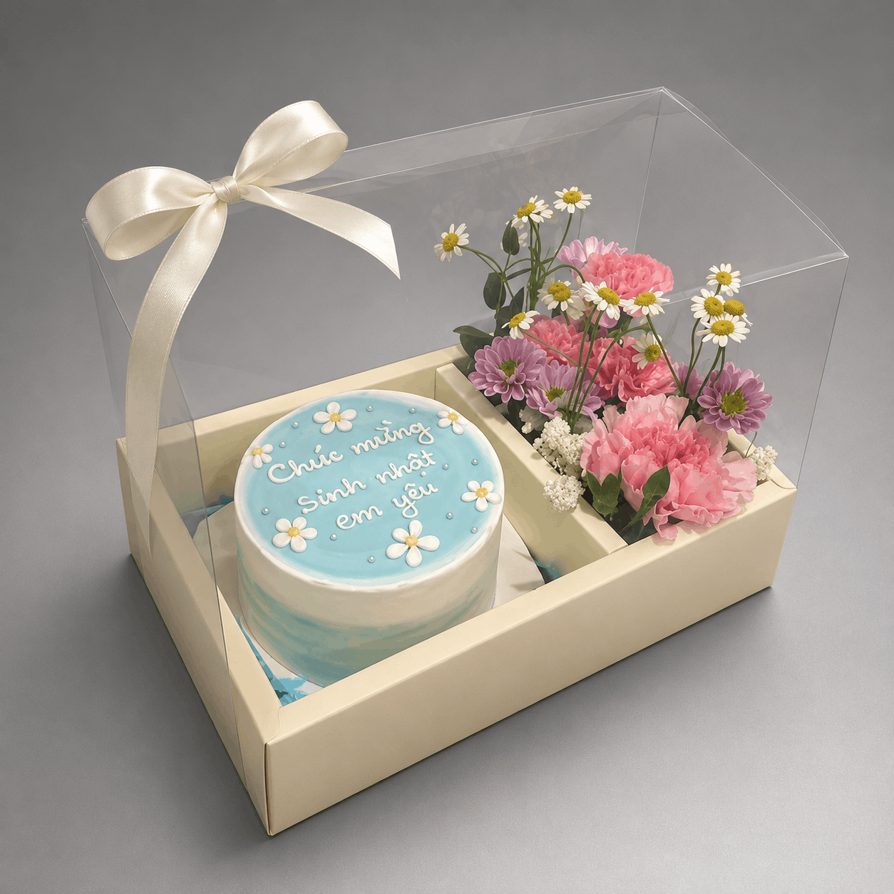 Custom Birthday Cake & Fresh Flowers Gift Box