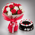 Red & White Carnation Bouquet with Black Forest Cake