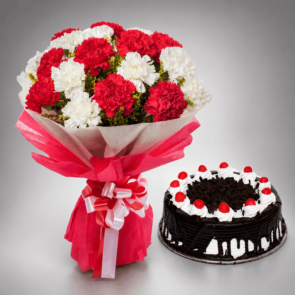 Red & White Carnation Bouquet with Black Forest Cake