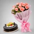 Pink Roses Bouquet with Fresh Fruit Chocolate Cake