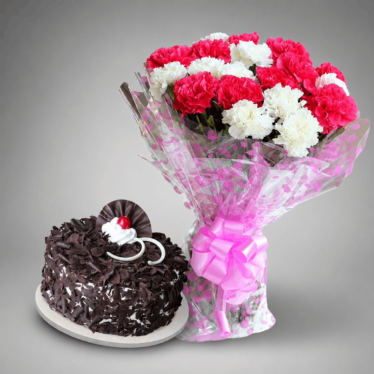 Pink & White Carnation Bouquet with Chocolate Shaving Cake