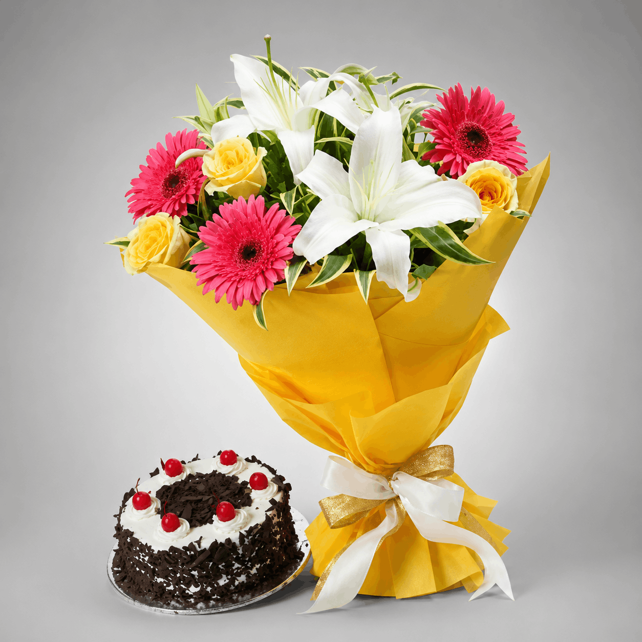 White Lily, Gerbera & Yellow Roses Bouquet with Black Forest Cake