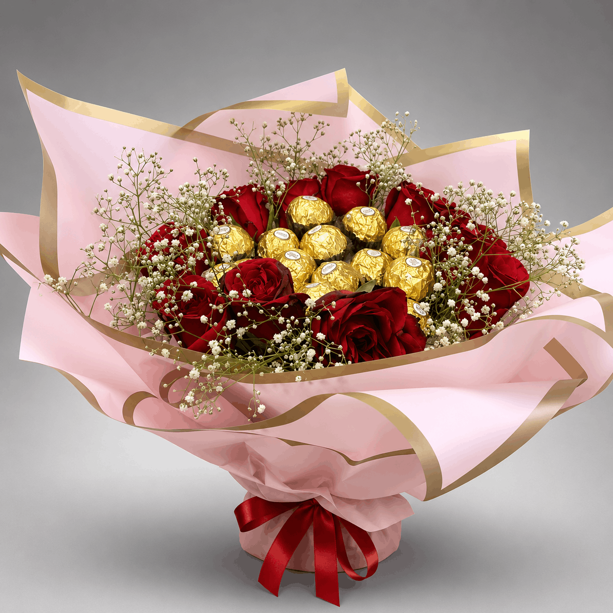 Red Roses & Ferrero Rocher Bouquet with Baby's Breath