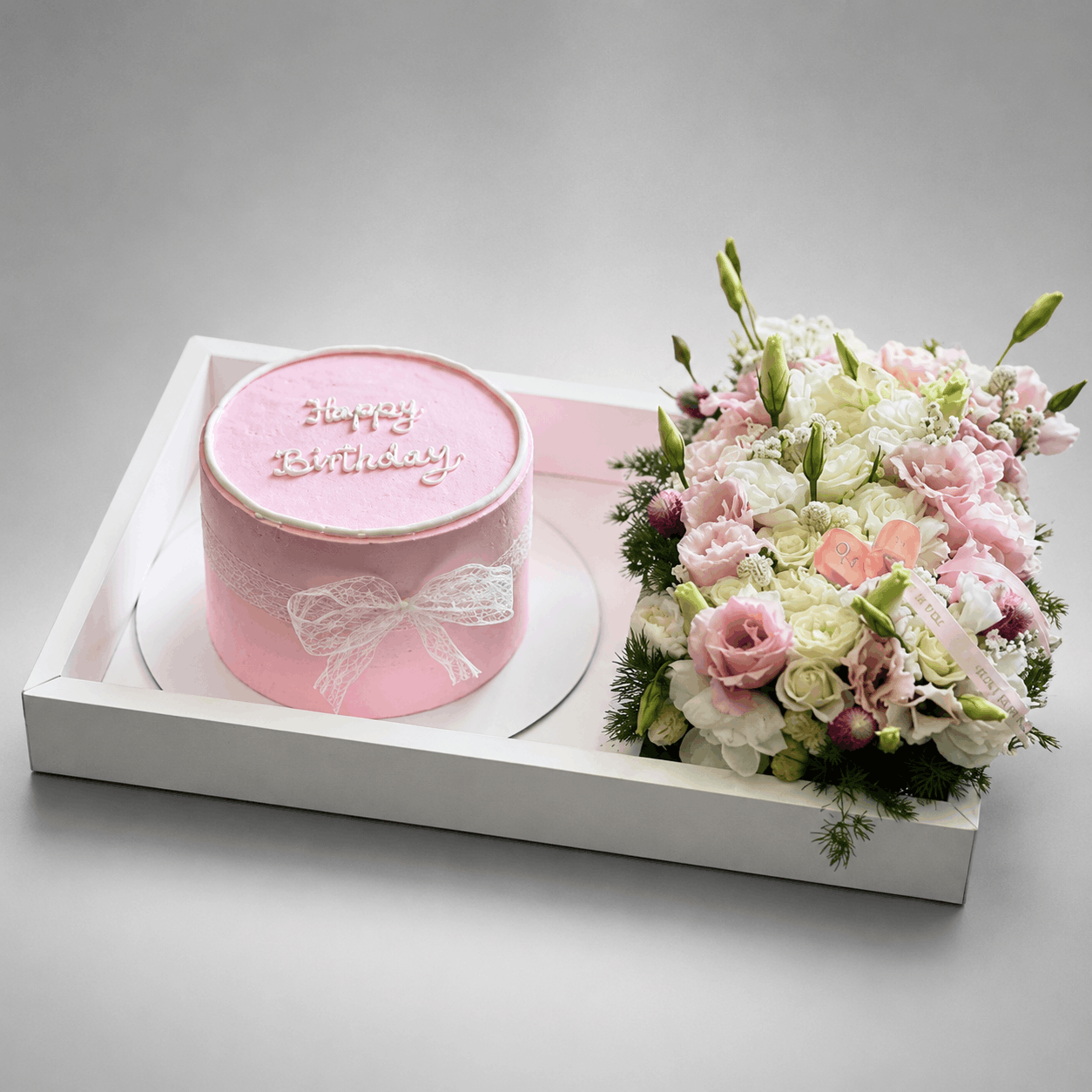 Pink Velvet Birthday Cake & Lisianthus Flower Gift Tray