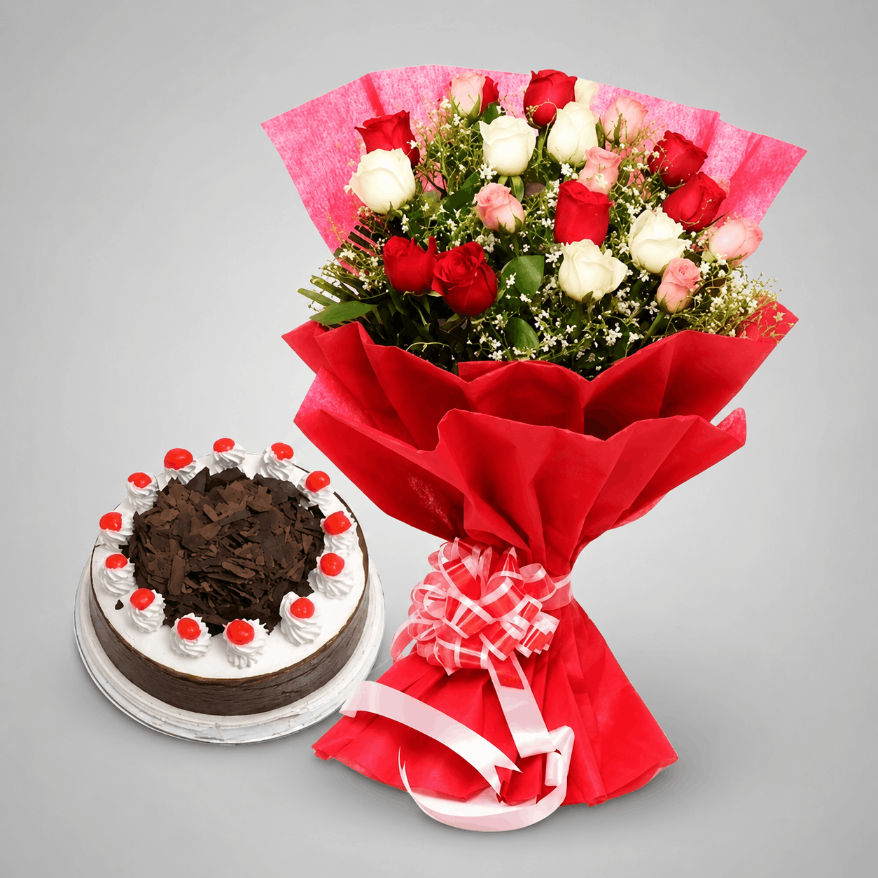 Mixed Roses Bouquet & Black Forest Cake