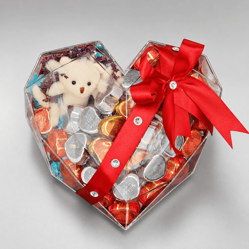 Red Romance La Ronda Chocolate & Plush Bear Acrylic Heart Box
