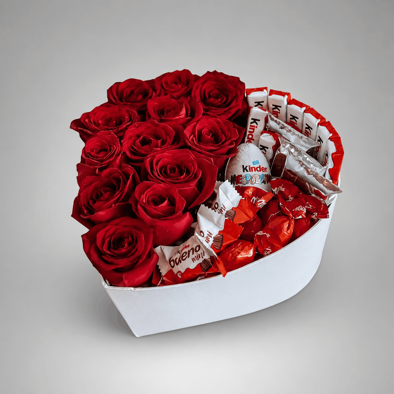 Red Rose & Kinder Chocolate Collection White Heart Box