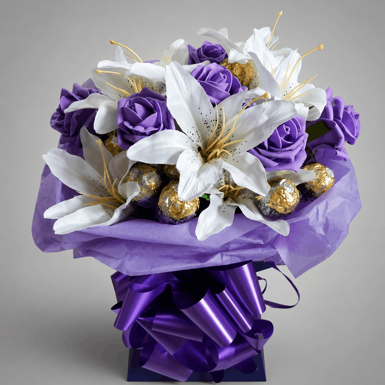Purple Rose & White Lily Ferrero Rocher Gift Box Bouquet