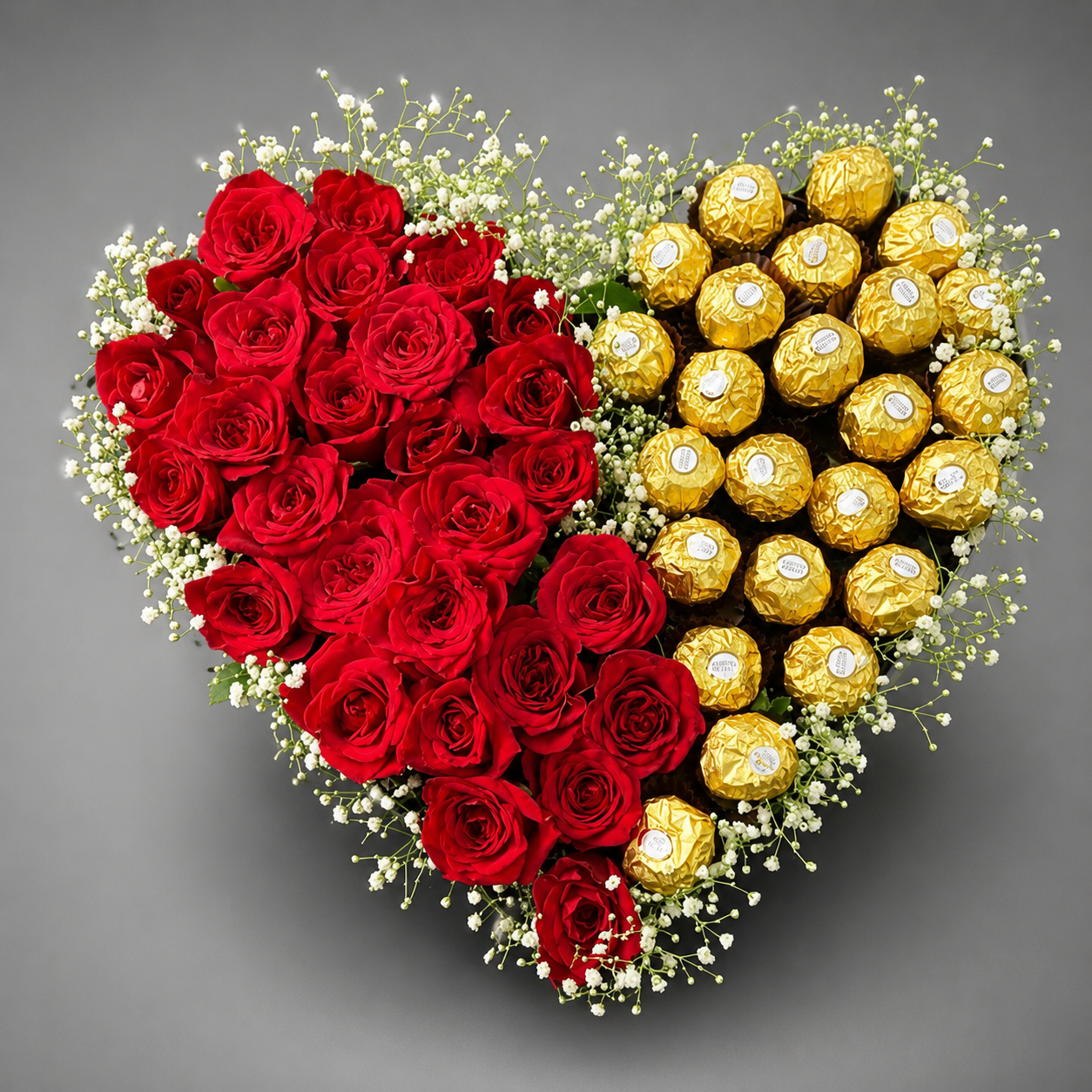 Grand Red Rose & Ferrero Rocher Gypsophila Split Heart Arrangement