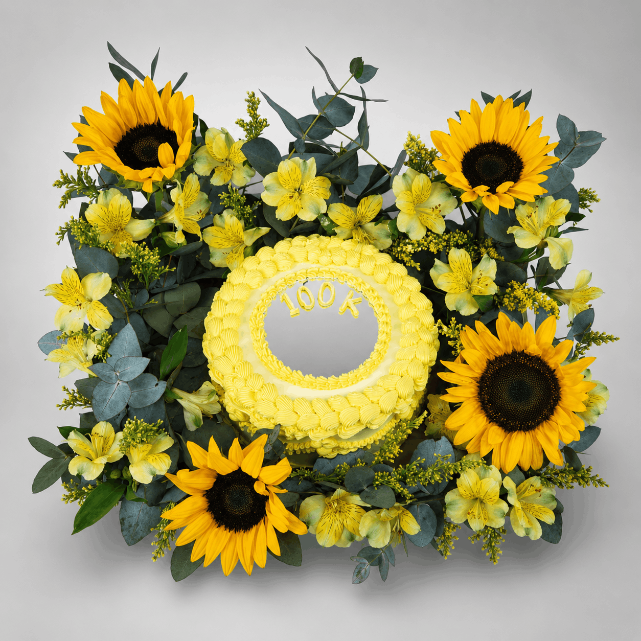 Sunflower & Alstroemeria Arrangement with 100K Milestone Cake
