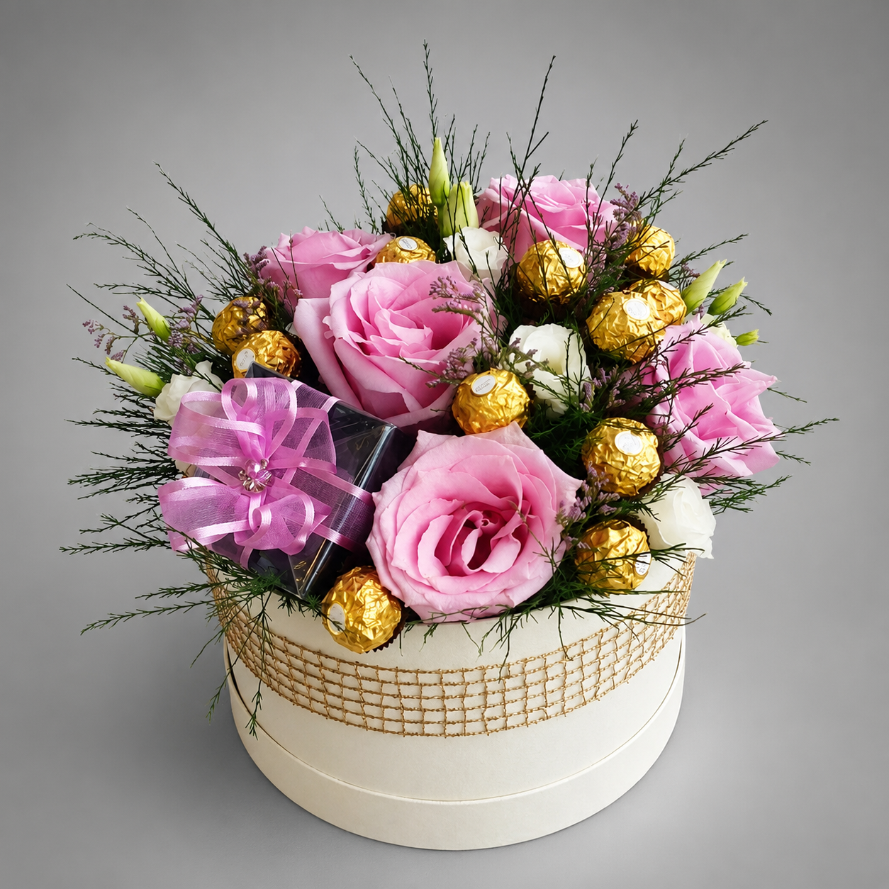 Pink Rose & Ferrero Rocher Ivory Hat Box with Gift