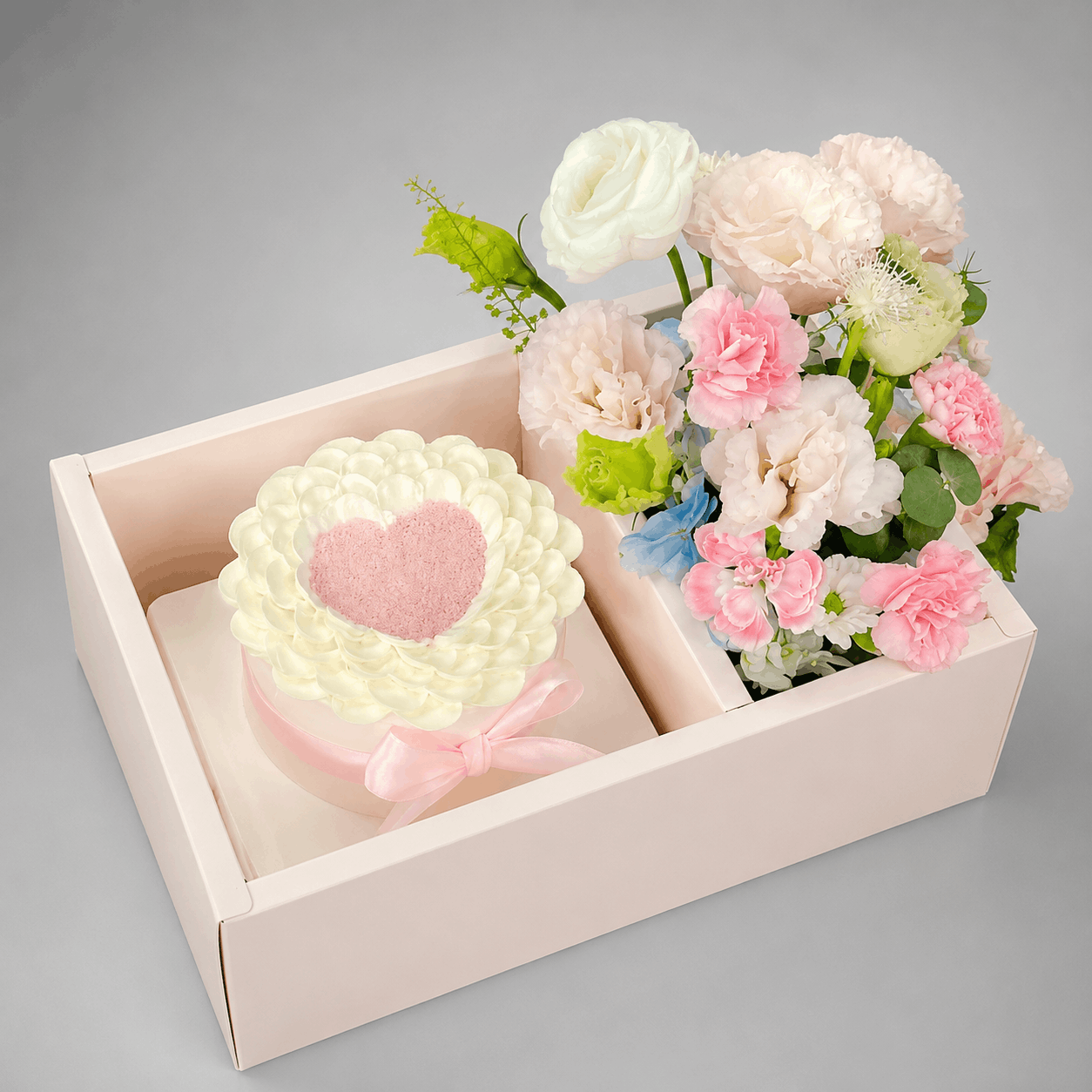 Pastel Mixed Blooms & White Heart Rosette Cake Gift Box