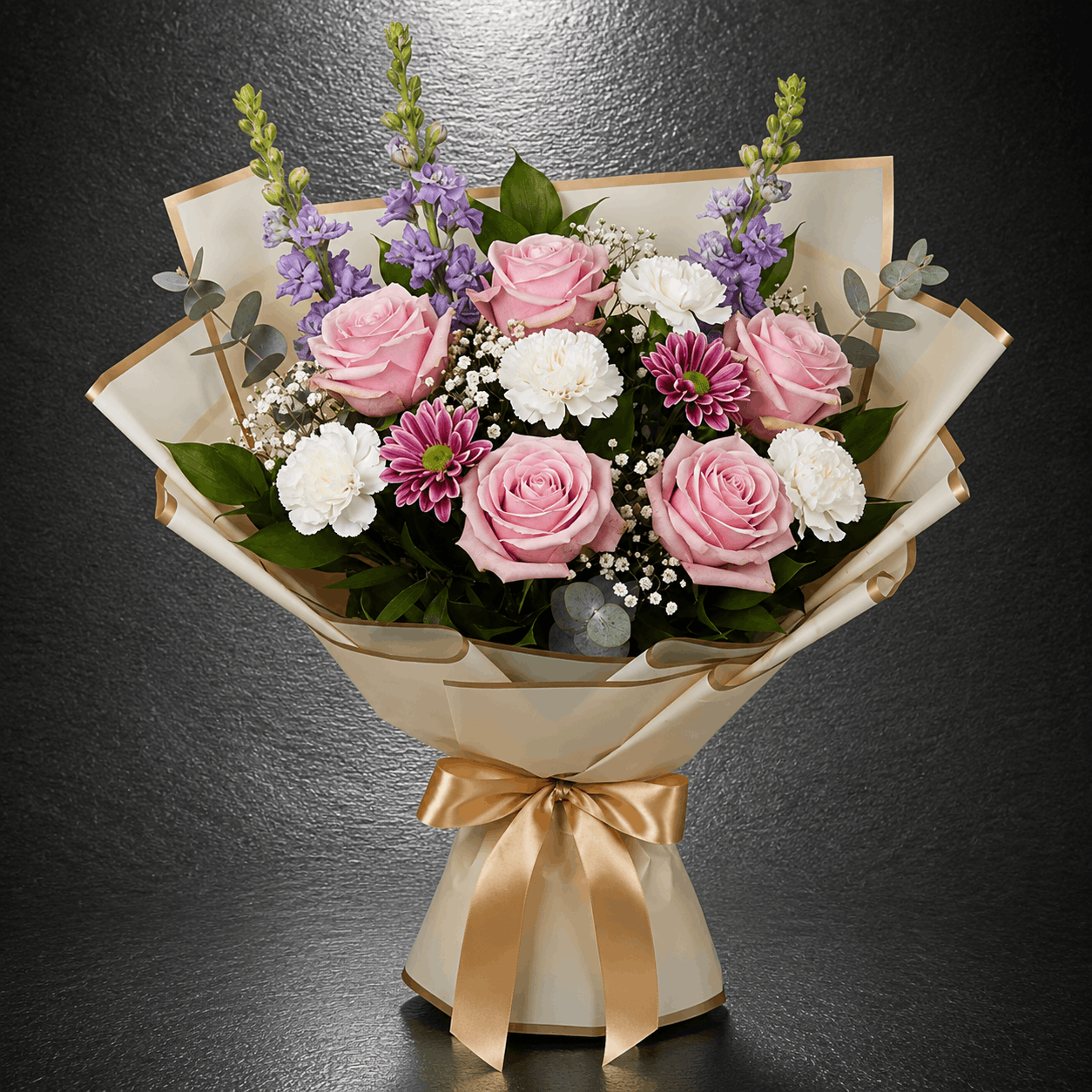 Pink Rose & Delphinium Garden Bouquet in Gold Wrap