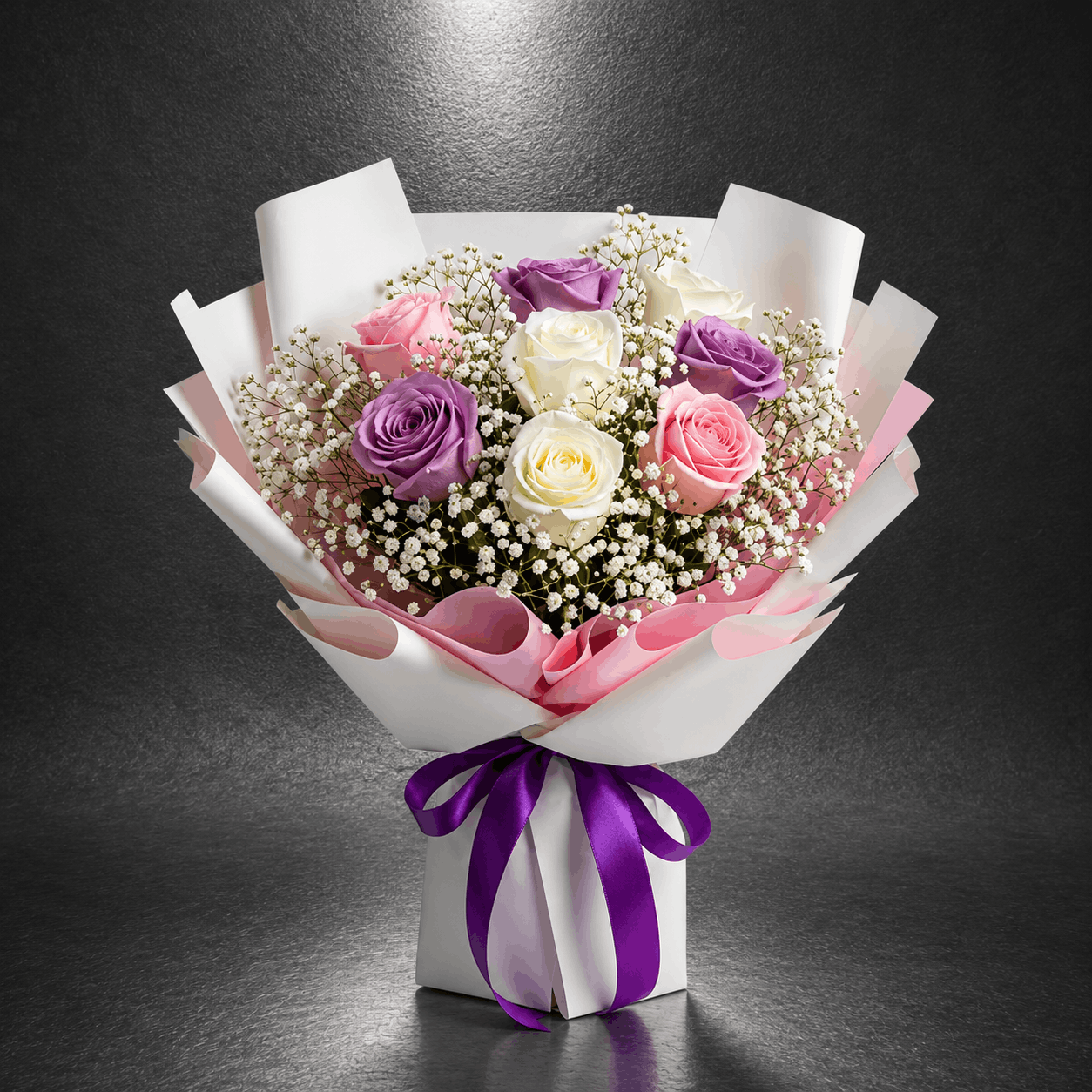 Purple, Pink & White Rose Bouquet with Baby's Breath