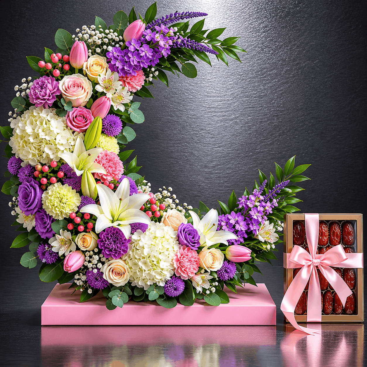 Eid Crescent Moon Floral Arrangement with Premium Dates