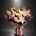 Peach Rose & White Lily Bouquet with Purple Stock