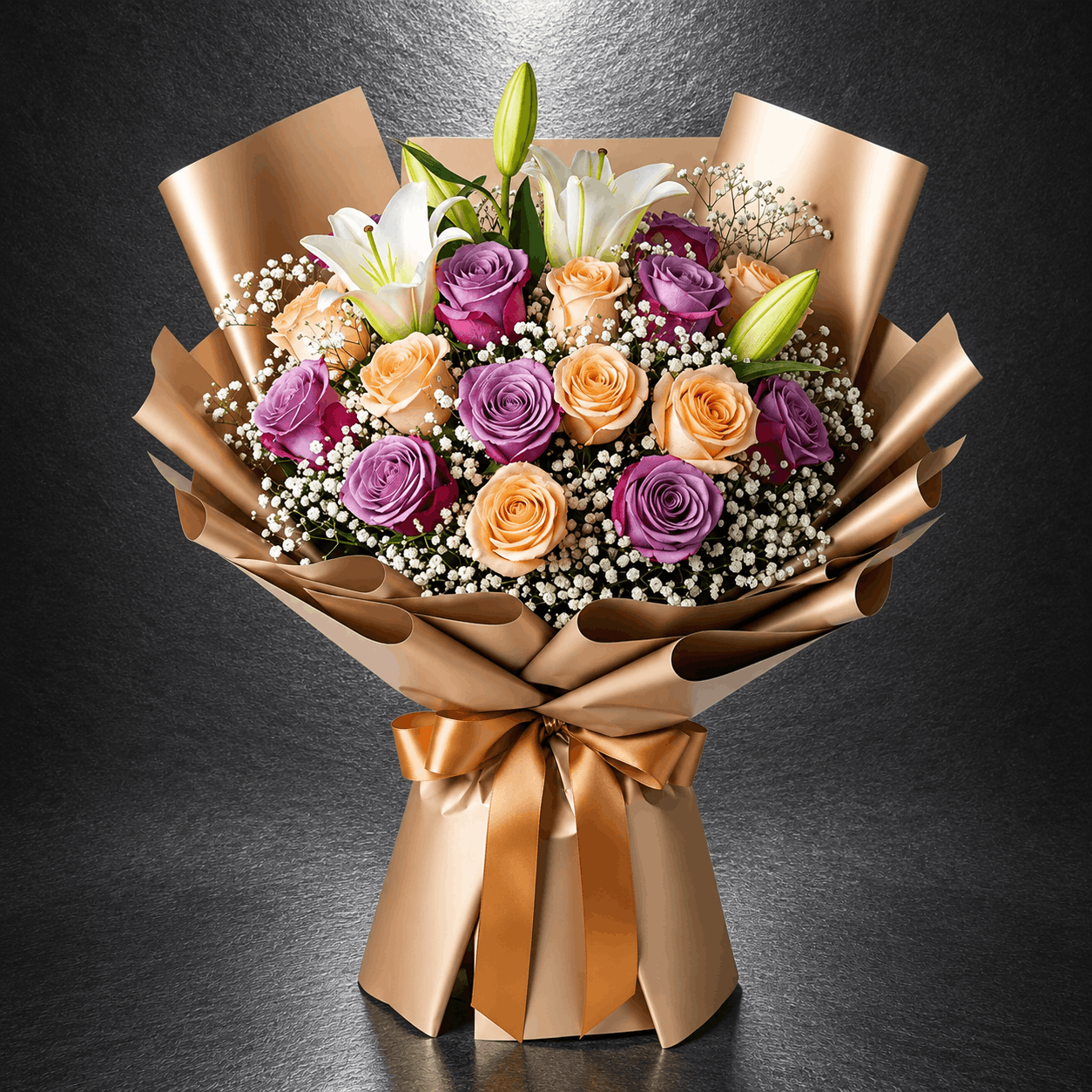 Champagne Rose & Purple Rose Bouquet in Gold Wrap