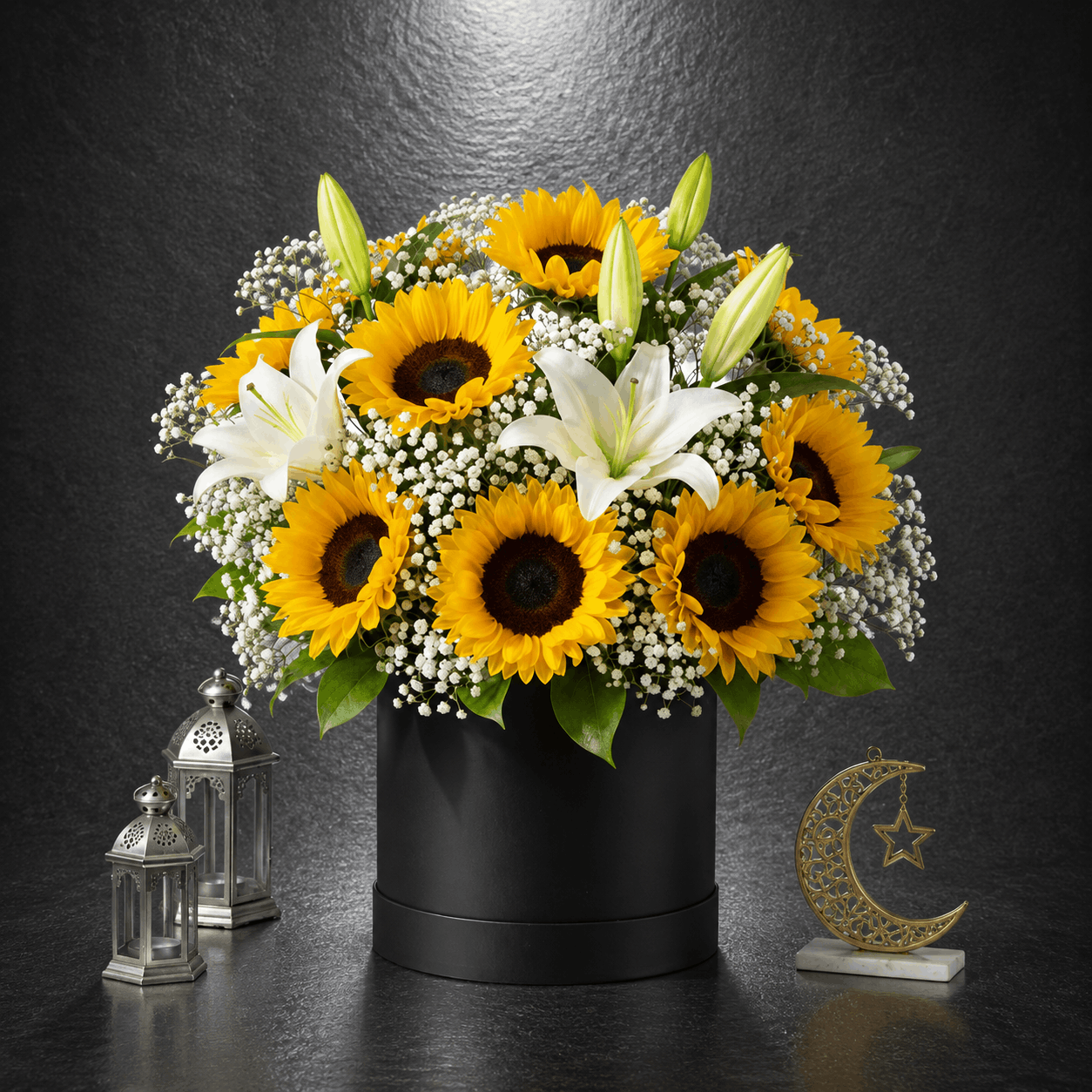 Sunflower & White Lily Hat Box Arrangement – Eid Edition