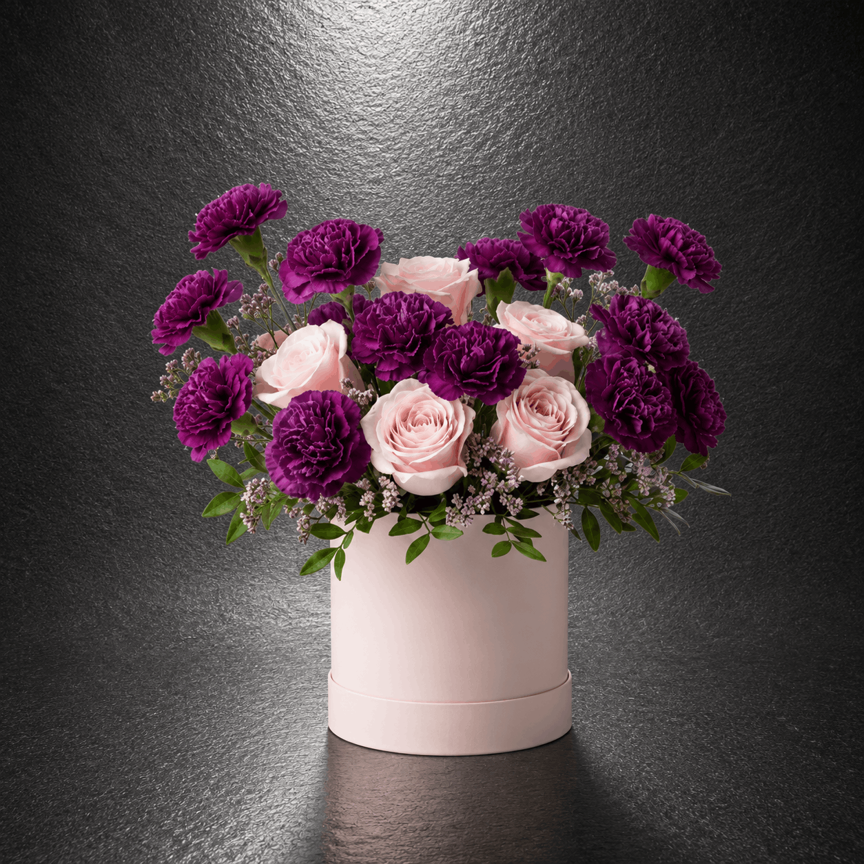 Purple Carnation & Blush Rose Hat Box Arrangement