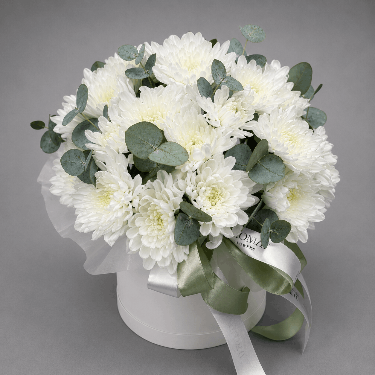 White Chrysanthemum & Eucalyptus Hatbox