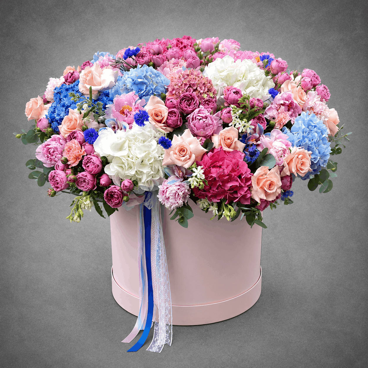 Grand Pink & Blue Mixed Flower Hatbox