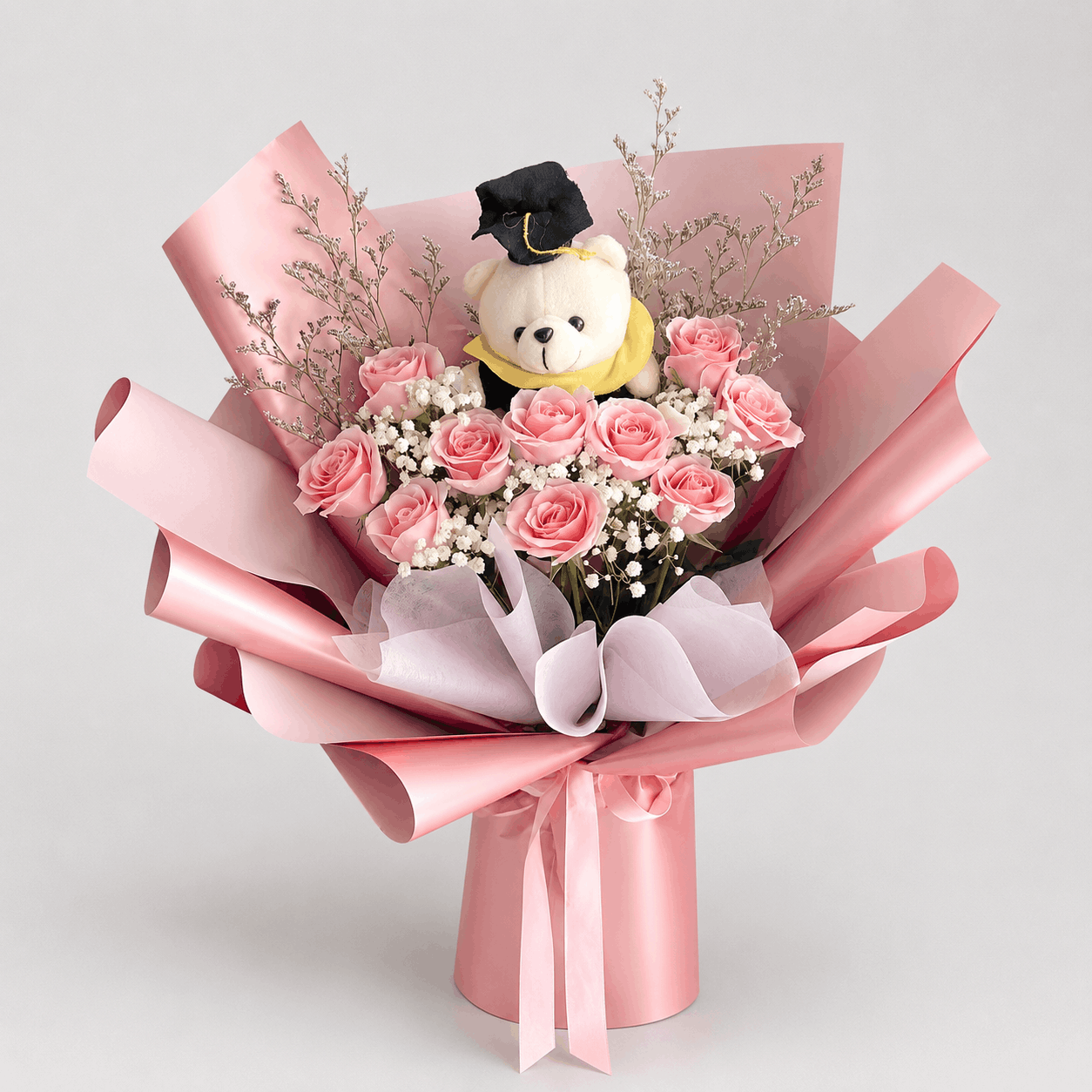Pink Rose & Mini Graduation Bear Bouquet