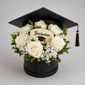 White Rose Graduation Cap Black Hat Box Arrangement