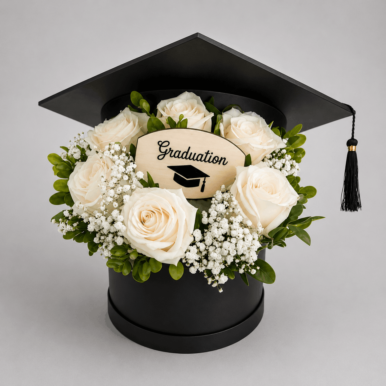 White Rose Graduation Cap Black Hat Box Arrangement